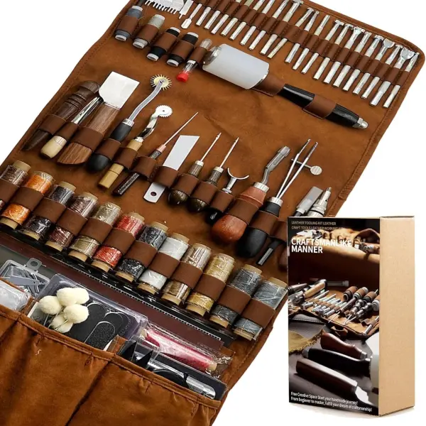 FIOQE Leather Tooling Kit Leather Craft Tools Leatherworking Kit 588Pcs DIY Set with Handbag for Bag Belt Wallet Engraving Punching Sewing Stamping Tools Professional