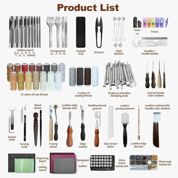 FIOQE Leather Tooling Kit Leather Craft Tools Leatherworking Kit 588Pcs DIY Set with Handbag for Bag Belt Wallet Engraving Punching Sewing Stamping Tools Professional