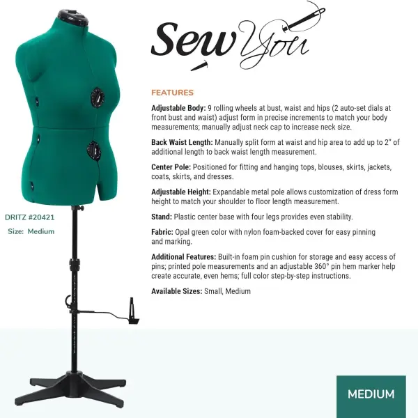 Dritz Sew You Adjustable Dress Form - Medium/Large Sizes US 12-18 - Female Clothing Mannequin for Sewing, Fitting, and Draping - Pinnable Sewing Mannequin with 12 Dials for Fitting + 360 Hem Guide