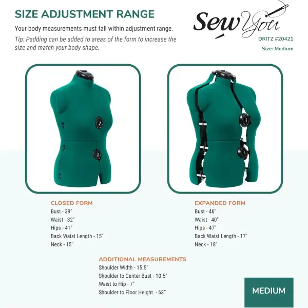 Dritz Sew You Adjustable Dress Form - Medium/Large Sizes US 12-18 - Female Clothing Mannequin for Sewing, Fitting, and Draping - Pinnable Sewing Mannequin with 12 Dials for Fitting + 360 Hem Guide