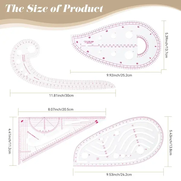 CINDALOG Clear Metric Sewing Ruler Set French Curve Pattern Ruler Kit for Beginners Tailors Designers Dress Makers Ruler Precision Quilting and DIY Supplies Perfect for Drawing, Craft, Sewing (9)