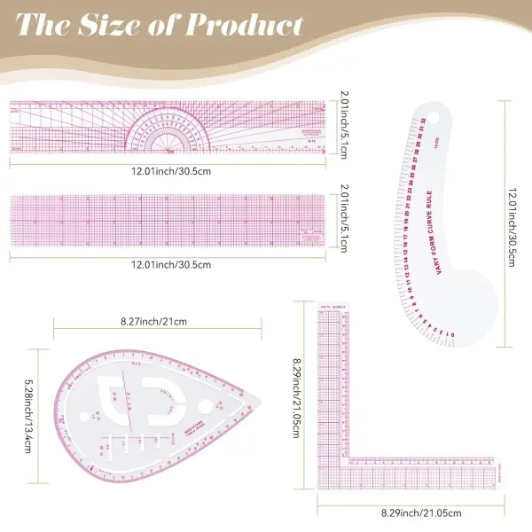 CINDALOG Clear Metric Sewing Ruler Set French Curve Pattern Ruler Kit for Beginners Tailors Designers Dress Makers Ruler Precision Quilting and DIY Supplies Perfect for Drawing, Craft, Sewing (9)