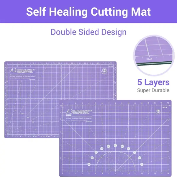 Headley Tools Rotary Cutter Set - 45mm Fabric Cutter, 5 Extra Rotary Blades, A3 Cutting Mat, Quilting Ruler and Sewing Clips, Craft Knife Set, Ideal for Crafting, Sewing, Patchworking, Purple