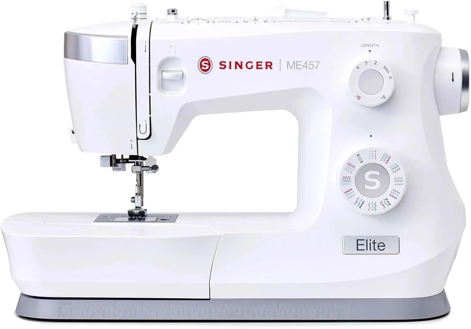 Singer Elite ME457 Sewing Machine with 110 Stitch Applications, LED Lighting, Strong Motor, Automatic Buttonhole, and Heavy-Duty Metal Frame (White)