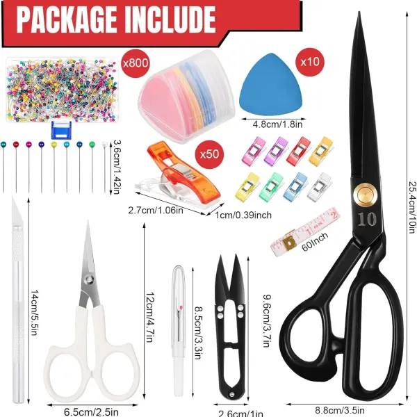 Lasnten 10 Inch Fabric Scissors Heavy Duty Sewing Scissors for Cutting Leather Clothes Tailor Shears Set with Tailors Chalk, Plastic Clips, Sewing Pin for Home Office Artists Dressmakers