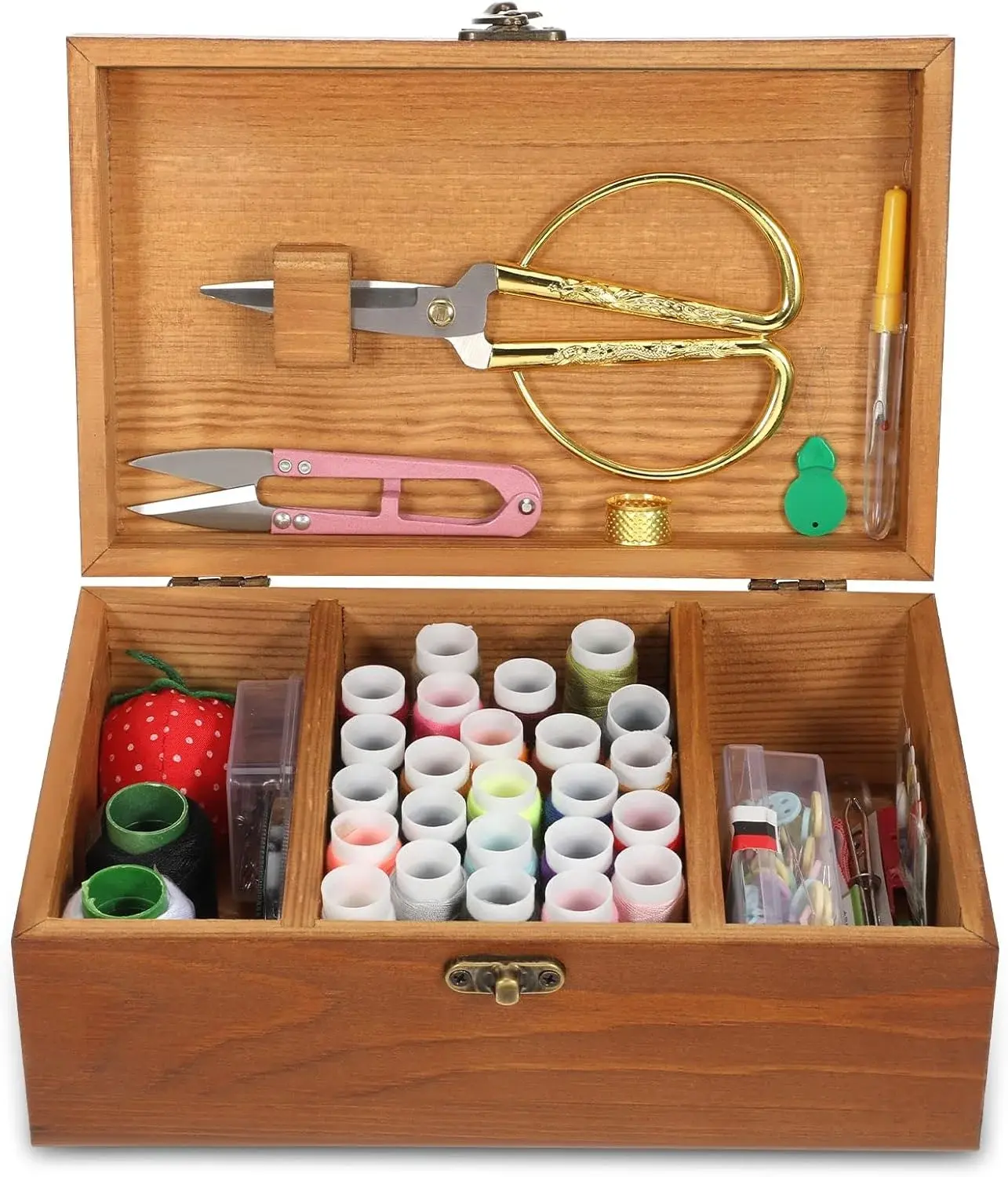 Wooden Sewing Kit Box Wooden Hand Home-Sewing Repair Tool Kits Wooden-Sewing Box with Cute Sewing Accessories Supplies for Adults, Women, Men Universal Home Repair Tool Kit