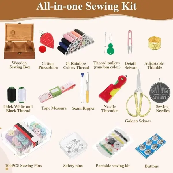 Wooden Sewing Kit Box Wooden Hand Home-Sewing Repair Tool Kits Wooden-Sewing Box with Cute Sewing Accessories Supplies for Adults, Women, Men Universal Home Repair Tool Kit