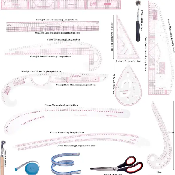 Acrylic Sewing Ruler Set，French Curve Pattern Rulers Kit for Tailors Designers Precision Pattern Making Guides Quilting and DIY Supplies (Ruler Set 4-15Pcs)