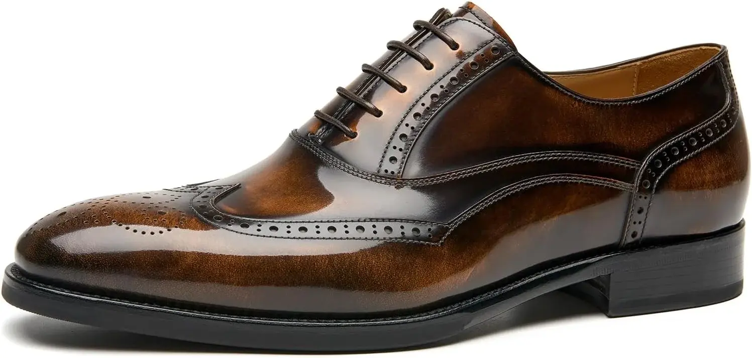 BEAU TODAY Oxfords Dress Shoes for Men Genuine Leather Brogue Oxford Shoes Lace Up Wedding Dress Shoes Mens Formal Business Mens Wingtip Shoes
