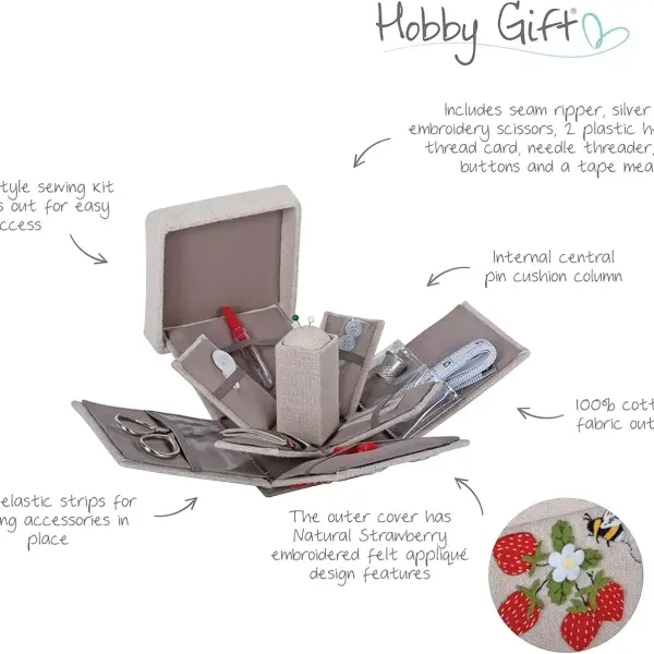 Hobby Gift Filled Sewing Kit - Victorian Style Square - 10.5 x 10.5 x 12.5cm - Natural Strawberries