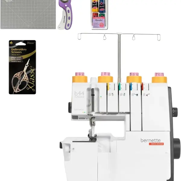 Bernette B44 Funlock Overlock Serger Sewing Machine | Threads Bundle, Scissors, Rotary Cutter, Needles, Foldable Cutting Mat | Heavy Duty Stitching & Quilting Performance | Beginners to Professional