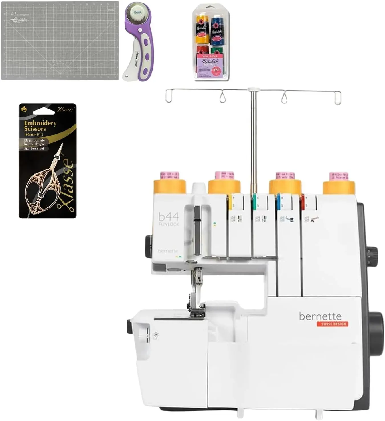Bernette B44 Funlock Overlock Serger Sewing Machine | Threads Bundle, Scissors, Rotary Cutter, Needles, Foldable Cutting Mat | Heavy Duty Stitching & Quilting Performance | Beginners to Professional