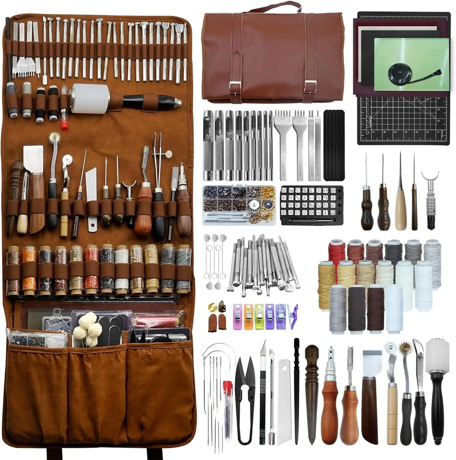 EDIETH Professional Leather Craft Tools Kit Leather Working & Tooling Set with High-Carbon Steel Stamping, Punching, Sewing, Engraving Tools, Custom Cutting Mats for Leathercraft Projects