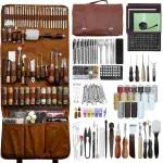 EDIETH Professional Leather Craft Tools Kit Leather Working & Tooling Set with High-Carbon Steel Stamping, Punching, Sewing, Engraving Tools, Custom Cutting Mats for Leathercraft Projects