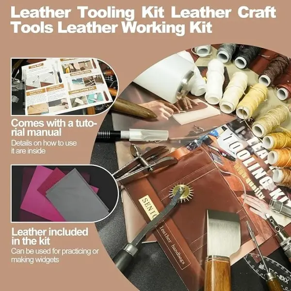 EDIETH Professional Leather Craft Tools Kit Leather Working & Tooling Set with High-Carbon Steel Stamping, Punching, Sewing, Engraving Tools, Custom Cutting Mats for Leathercraft Projects