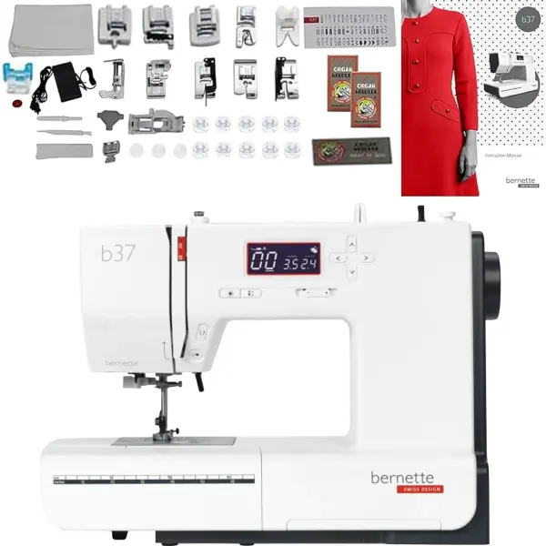 Bernette B37 Swiss Design Computerized Sewing Machine - LCD Display, 5 Presser Feet, Bobbins, Needle Threader, Quilting Features, Portable with Foot Pedal, Ideal for Beginners and Professionals