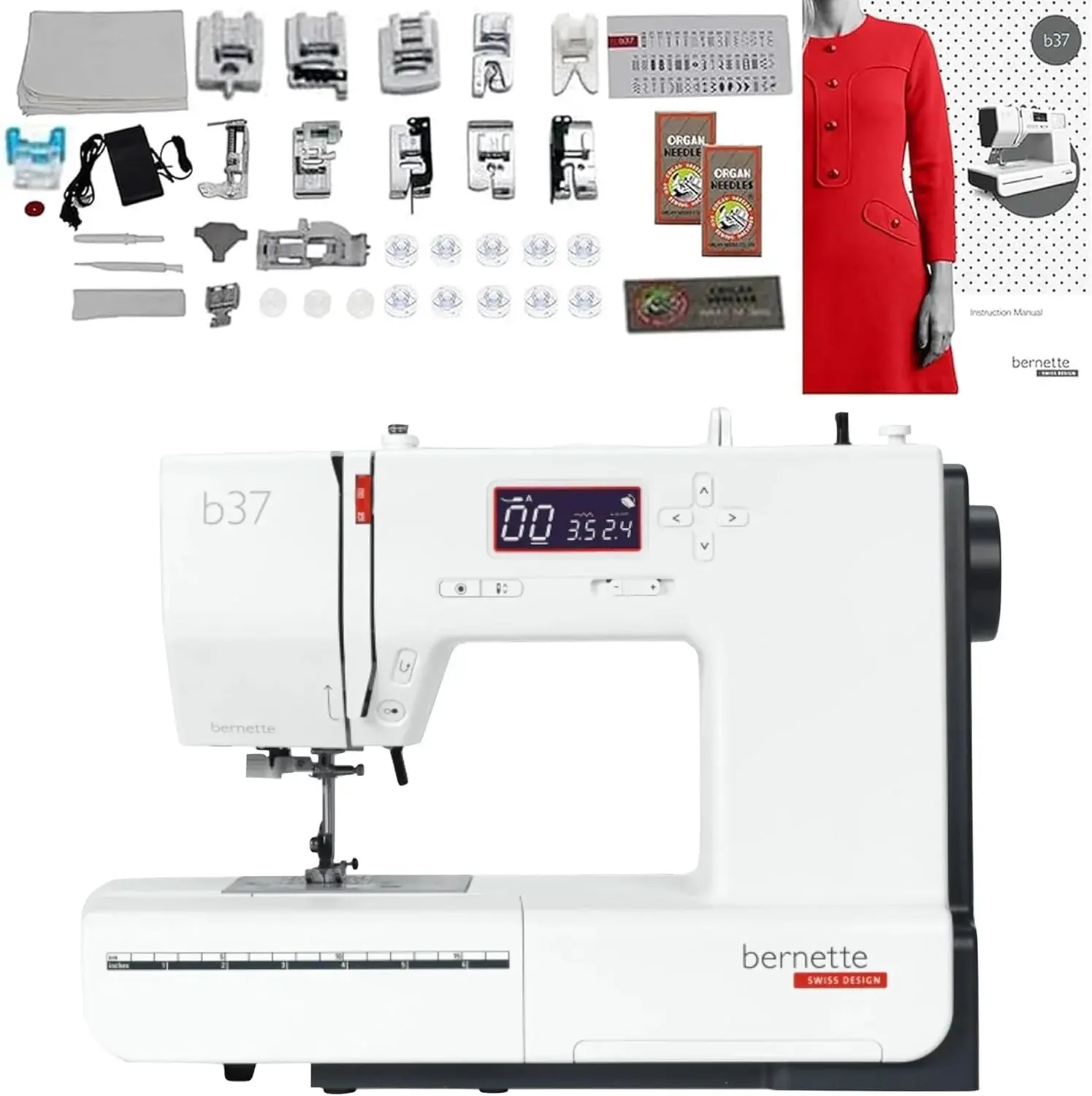 Bernette B37 Swiss Design Computerized Sewing Machine - LCD Display, 5 Presser Feet, Bobbins, Needle Threader, Quilting Features, Portable with Foot Pedal, Ideal for Beginners and Professionals