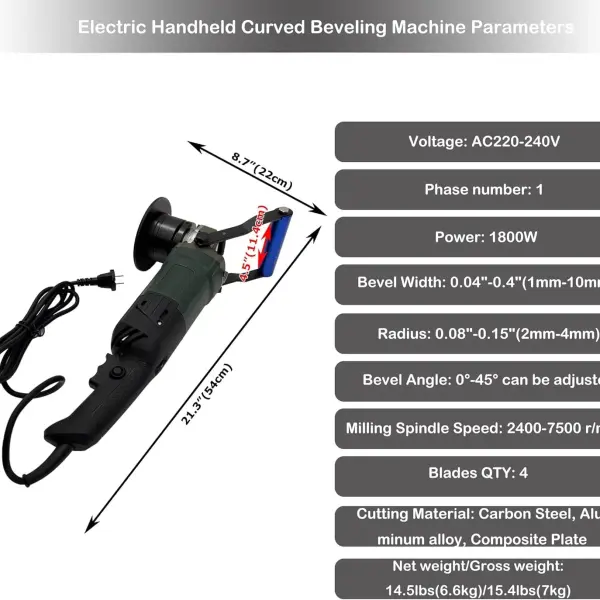INTSUPERMAI Electric Handheld Curved Beveling Machine 0°-45° Beveling Machine Adjustable Curved Edge Chamfer Tool 0.04"-0.4" Bevel Width for Carbon Steel, Aluminum Alloy, Composite Plate 1800W, 220V