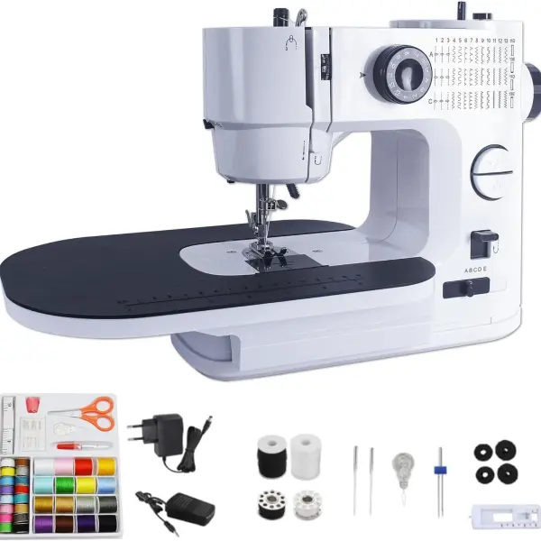 Portable Sewing Machine for Beginners with Full Metal Core,Professional | 42PCS Sewing Kit,Extension Table,39 Stitches,5 Speeds, 6 Layer Fabric,Double Needle, Foot Pedal, Dual Power, Mini Electric