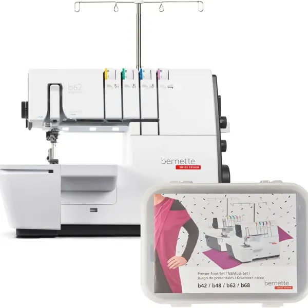 Bernette B62 Airlock Coverstitch Machine Bundle | Air Threader, 7-piece coverstitch foot kit, LED Light, Extension Table | Heavy Duty, Beginner to Professional, Advanced Sewing & Decorative Stitching