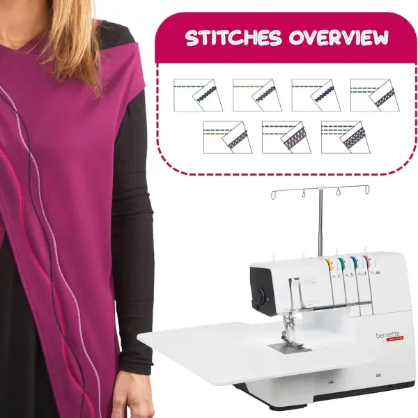 Bernette B62 Airlock Coverstitch Machine Bundle | Air Threader, 7-piece coverstitch foot kit, LED Light, Extension Table | Heavy Duty, Beginner to Professional, Advanced Sewing & Decorative Stitching