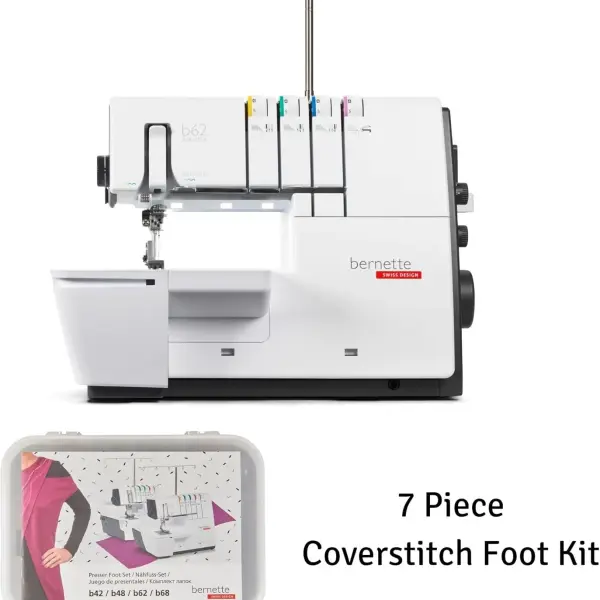 Bernette B62 Airlock Coverstitch Machine Bundle | Air Threader, 7-piece coverstitch foot kit, LED Light, Extension Table | Heavy Duty, Beginner to Professional, Advanced Sewing & Decorative Stitching