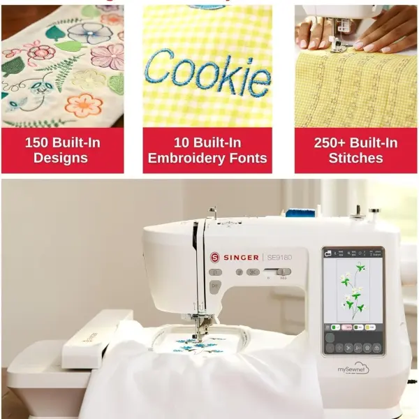 SINGER SE9180 Sewing & Embroidery Machine | 250 Built-in Stitches, 150 Embroidery Designs, 10 Fonts, 1-Step Buttonhole, 7" Touchscreen, Automatic Needle Threader & WiFi Connectivity