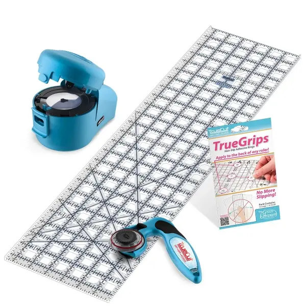 Truecut Quilter’s Ruler & Rotary Cutter Combo– Includes 45mm My Comfort Rotary Cutter, 6.5 x 24.5 Inch Ruler, Ruler Grips, & TrueSharp 2 Rotary Blade Sharpener