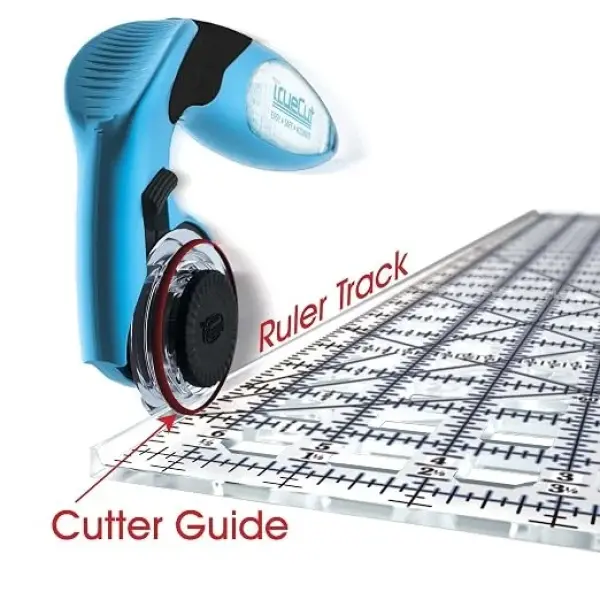Truecut Quilter’s Ruler & Rotary Cutter Combo– Includes 45mm My Comfort Rotary Cutter, 6.5 x 24.5 Inch Ruler, Ruler Grips, & TrueSharp 2 Rotary Blade Sharpener