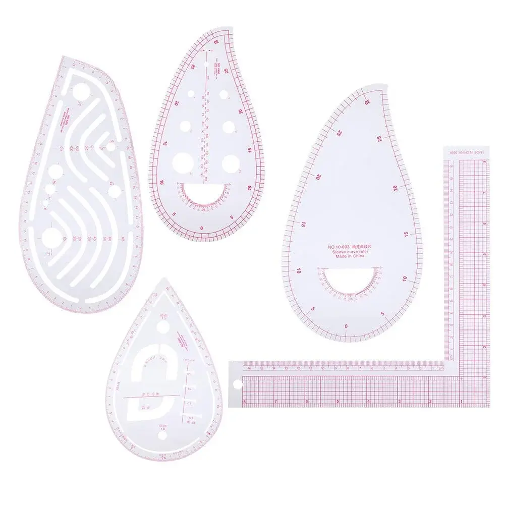 5PCS Curve Ruler Set,Multi Function L-Shaped Tailoring Ruler with Built in Scale,Plastic Clothing Design Tool