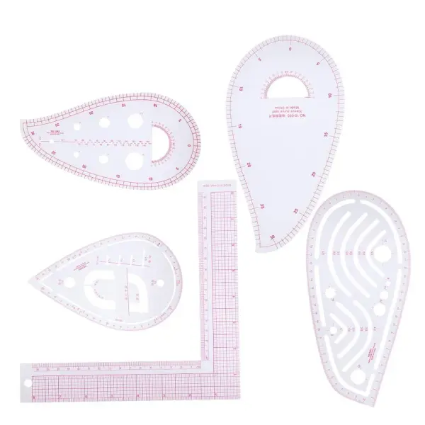 5PCS Curve Ruler Set,Multi Function L-Shaped Tailoring Ruler with Built in Scale,Plastic Clothing Design Tool
