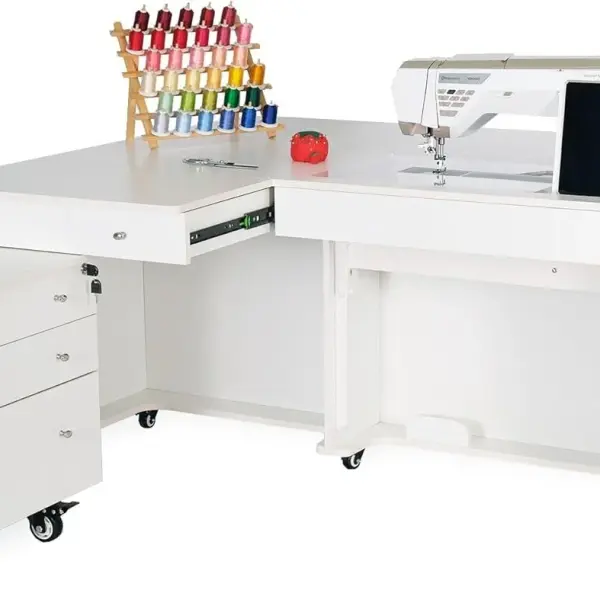 Kangaroo & Joey XL Hydraulic Sewing Cabinet - Sewing Machine Table with Lift Opening, Storage Caddy, Extension Leaves - Fits Machines up to 65 lbs - Ash White