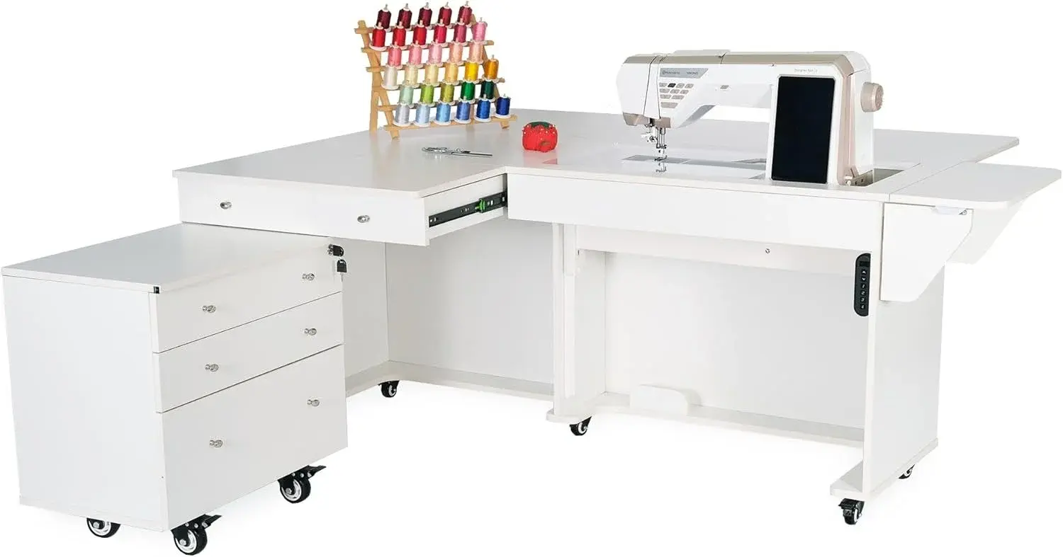 Kangaroo & Joey XL Hydraulic Sewing Cabinet - Sewing Machine Table with Lift Opening, Storage Caddy, Extension Leaves - Fits Machines up to 65 lbs - Ash White