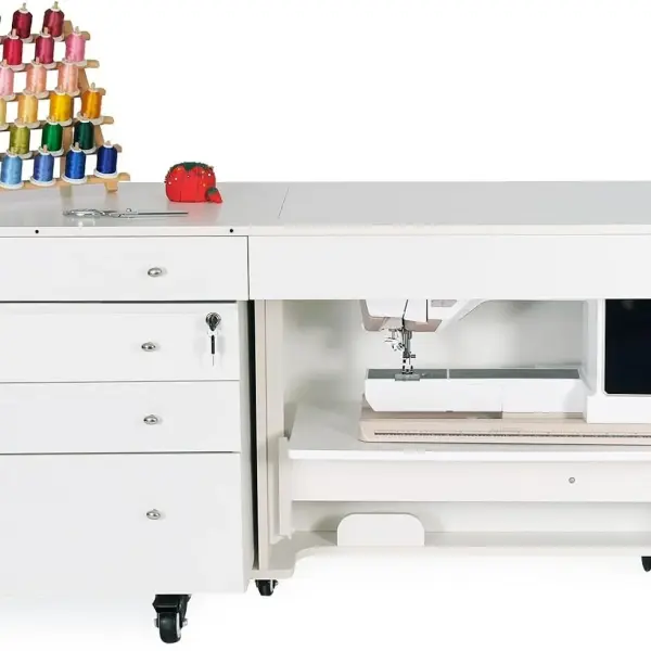 Kangaroo & Joey XL Hydraulic Sewing Cabinet - Sewing Machine Table with Lift Opening, Storage Caddy, Extension Leaves - Fits Machines up to 65 lbs - Ash White