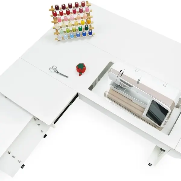 Kangaroo & Joey XL Hydraulic Sewing Cabinet - Sewing Machine Table with Lift Opening, Storage Caddy, Extension Leaves - Fits Machines up to 65 lbs - Ash White