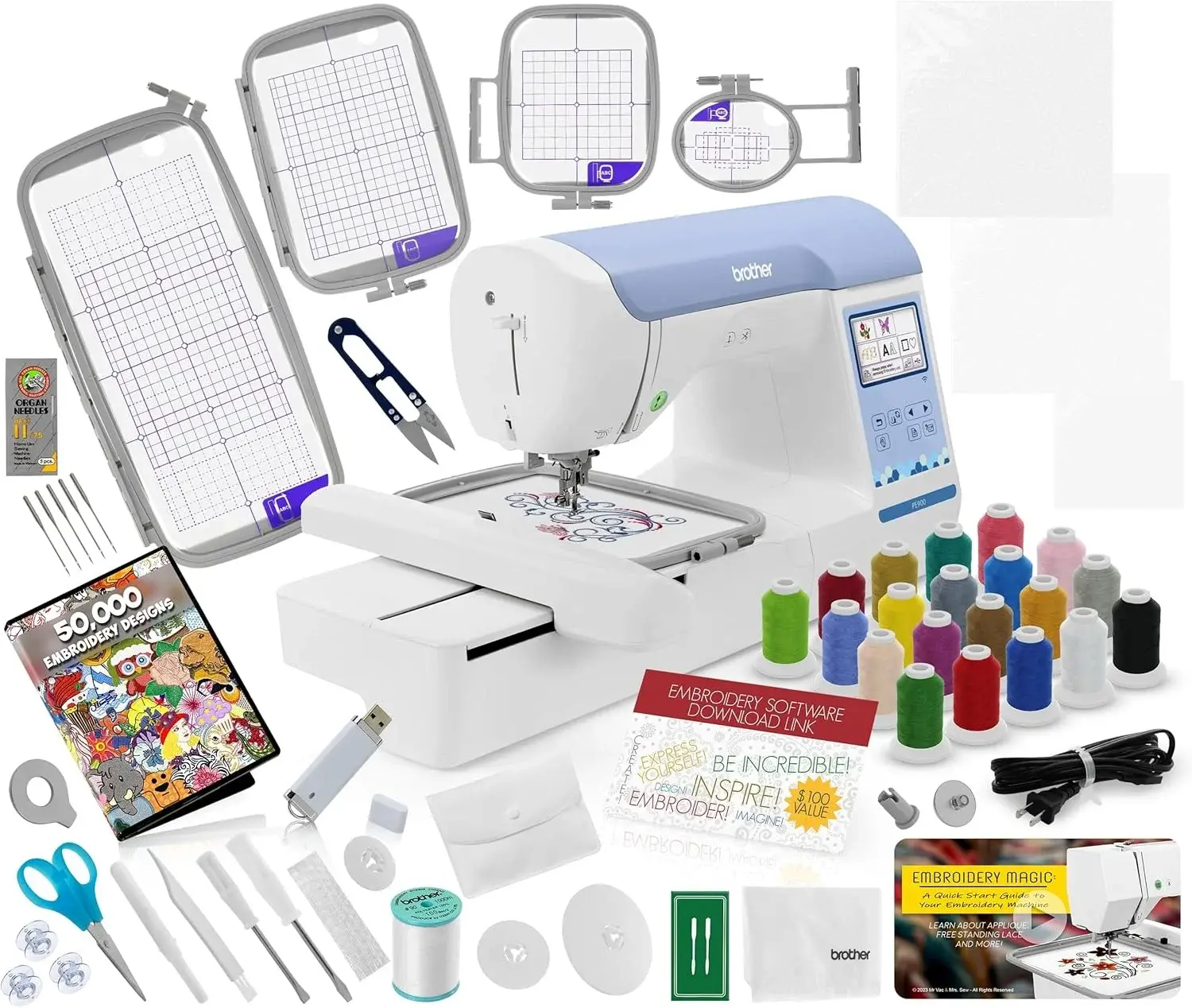 Brother PE900 Embroidery Machine Bundle - 5" x 7" Embroidery Field, Cuts Jump Stitches, Wireless LAN, Includes 4 Hoops, 20 Premium Threads, Stabilizer Sheets, 50,000+ Designs, Accessories & More