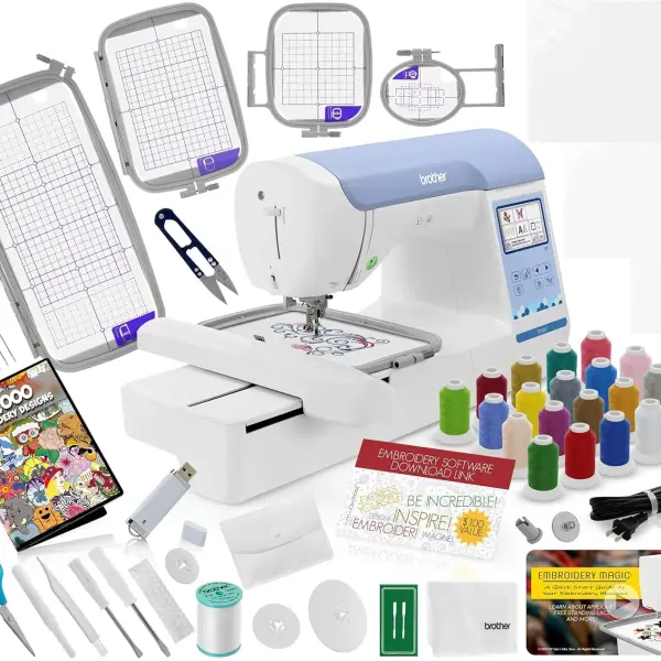 Brother PE900 Embroidery Machine Bundle - 5" x 7" Embroidery Field, Cuts Jump Stitches, Wireless LAN, Includes 4 Hoops, 20 Premium Threads, Stabilizer Sheets, 50,000+ Designs, Accessories & More