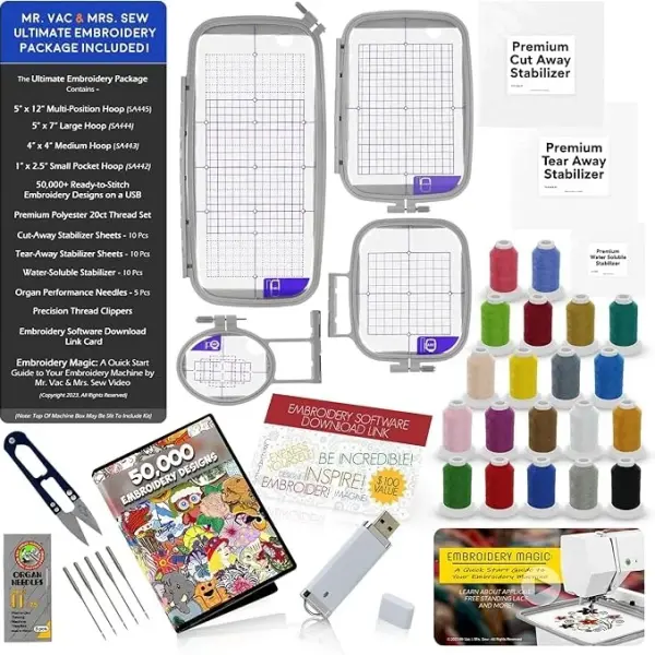 Brother PE900 Embroidery Machine Bundle - 5" x 7" Embroidery Field, Cuts Jump Stitches, Wireless LAN, Includes 4 Hoops, 20 Premium Threads, Stabilizer Sheets, 50,000+ Designs, Accessories & More