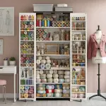 NEWOWNDS Craft Storage Cabinet with LED Lights​​ – 72" Adjustable Shelves Sewing Organizer, Multi-Purpose Sewing Cabinet for Craft Room/Home Office Storage