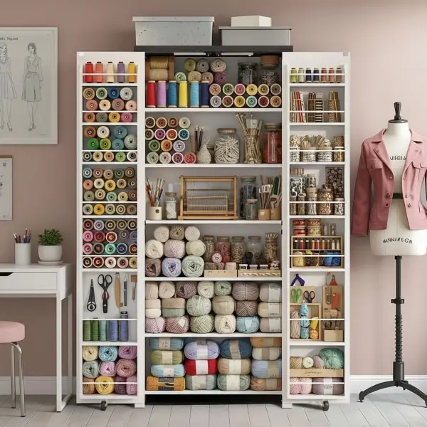 NEWOWNDS Craft Storage Cabinet with LED Lights​​ – 72" Adjustable Shelves Sewing Organizer, Multi-Purpose Sewing Cabinet for Craft Room/Home Office Storage