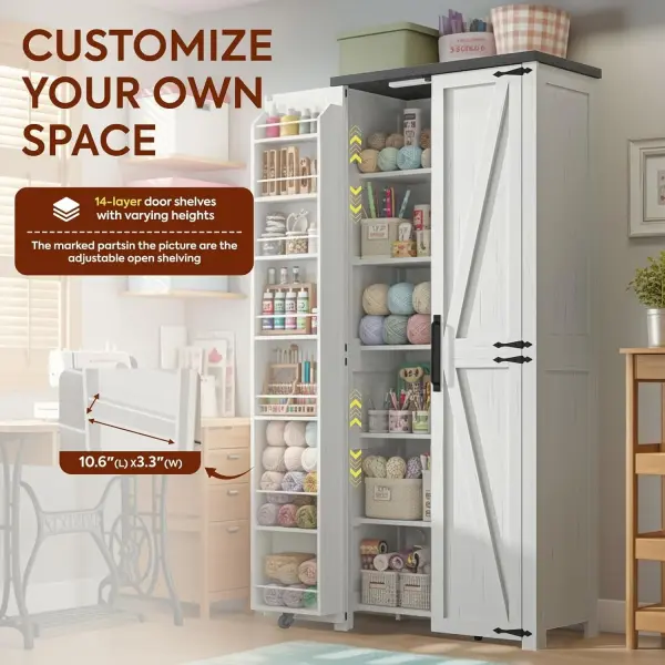 NEWOWNDS Craft Storage Cabinet with LED Lights​​ – 72" Adjustable Shelves Sewing Organizer, Multi-Purpose Sewing Cabinet for Craft Room/Home Office Storage