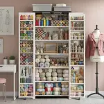 NEWOWNDS Craft Storage Cabinet with LED Lights​​ – 72" Adjustable Shelves Sewing Organizer, Multi-Purpose Sewing Cabinet for Craft Room/Home Office Storage
