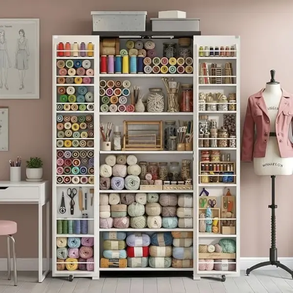 NEWOWNDS Craft Storage Cabinet with LED Lights​​ – 72" Adjustable Shelves Sewing Organizer, Multi-Purpose Sewing Cabinet for Craft Room/Home Office Storage