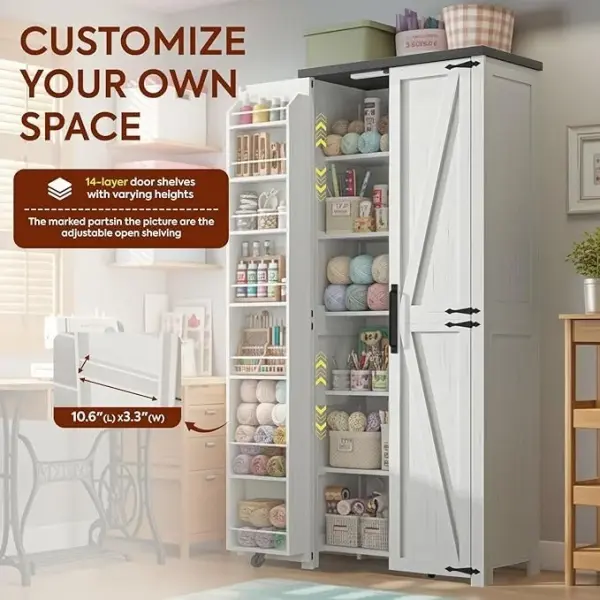 NEWOWNDS Craft Storage Cabinet with LED Lights​​ – 72" Adjustable Shelves Sewing Organizer, Multi-Purpose Sewing Cabinet for Craft Room/Home Office Storage