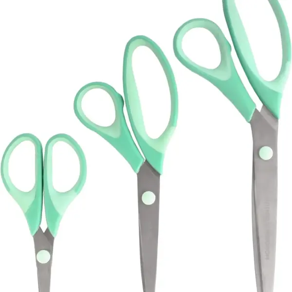 BambooMN Titanium Softgrip Scissors Set for Sewing, Arts, Crafts, Office - 30 Sets of 3 - Mint Green w/Light Inlays