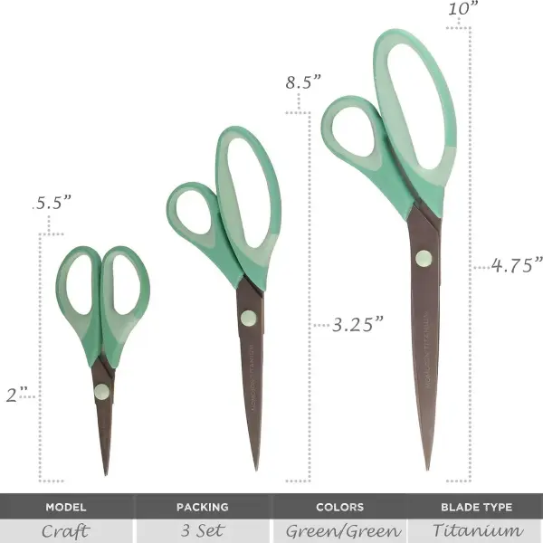 BambooMN Titanium Softgrip Scissors Set for Sewing, Arts, Crafts, Office - 30 Sets of 3 - Mint Green w/Light Inlays