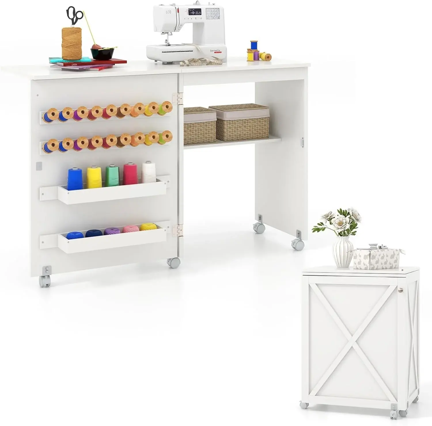 Giantex Folding Sewing Table - Farmhouse Sewing Machine Cabinet with Barn Door, 18 Pegs, 2 Storage Trays, Craft Station Side Desk Cart on Lockable Wheels (White, 46''L x 16''W x 30''H)