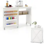 Giantex Folding Sewing Table - Farmhouse Sewing Machine Cabinet with Barn Door, 18 Pegs, 2 Storage Trays, Craft Station Side Desk Cart on Lockable Wheels (White, 46''L x 16''W x 30''H)