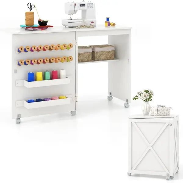 Giantex Folding Sewing Table - Farmhouse Sewing Machine Cabinet with Barn Door, 18 Pegs, 2 Storage Trays, Craft Station Side Desk Cart on Lockable Wheels (White, 46''L x 16''W x 30''H)
