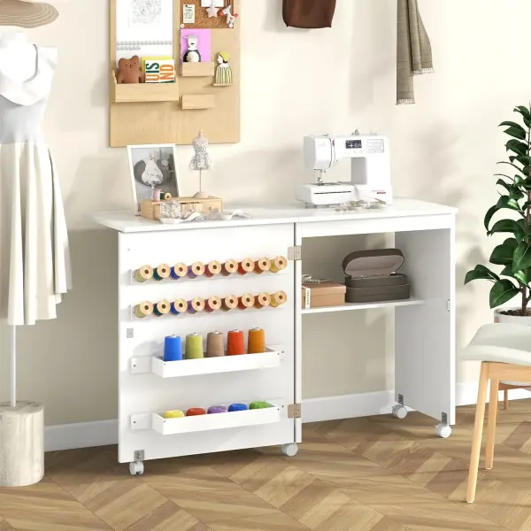 Giantex Folding Sewing Table - Farmhouse Sewing Machine Cabinet with Barn Door, 18 Pegs, 2 Storage Trays, Craft Station Side Desk Cart on Lockable Wheels (White, 46''L x 16''W x 30''H)